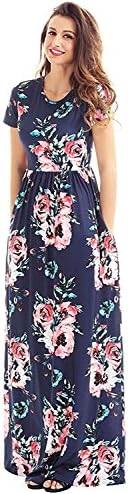 Wollsolo Womens Floral Print Short Sleeve Round Neck Maxi Dresses Floor-Length Dress Party