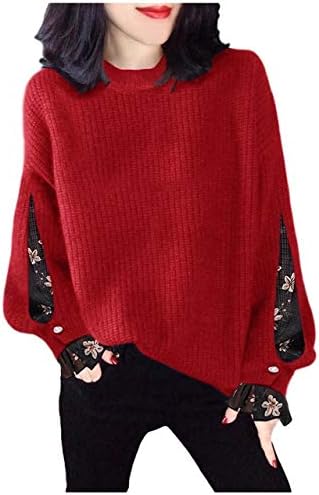 Argent Apa Women’s 3 Color Sleeve Floral Knit Sweater Casual Round Neck Solid Color Lace Switching Women’s Autumn Winter Long Sleeve Red Blue Pink M – XL