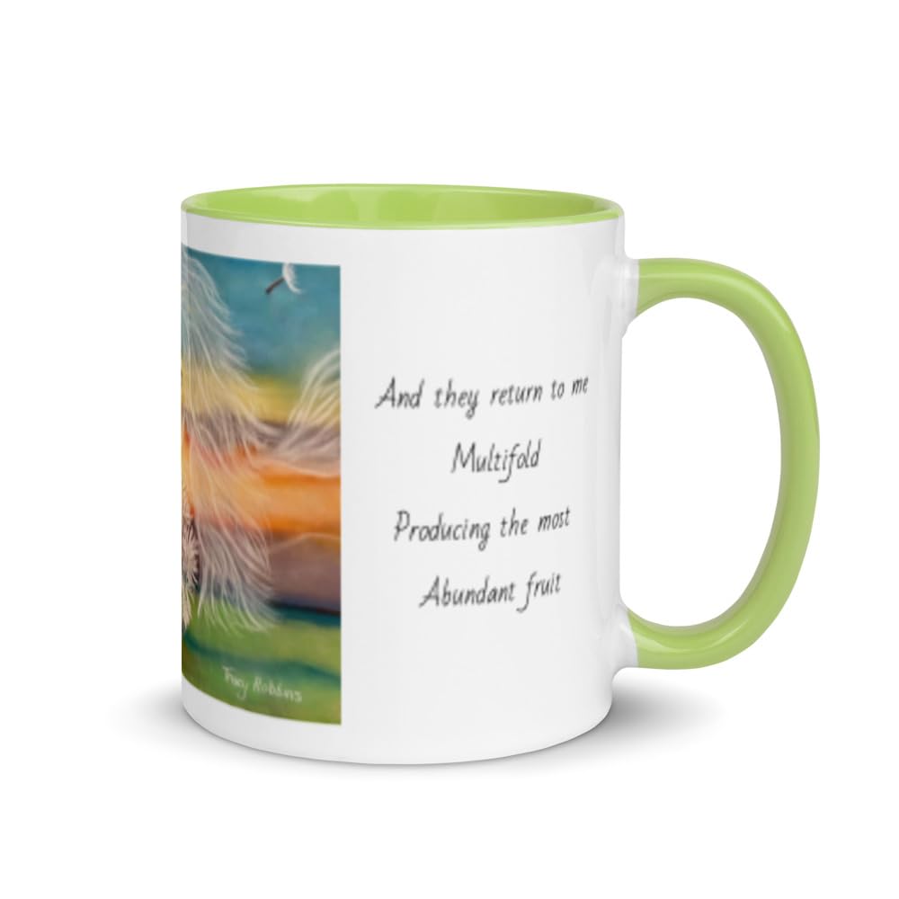 Manifestation Mug with Color Inside, Light Activated Image of Spirit Blowing Dandelion pod with Text About Dreams Coming True, Two Tone with Choice of Colours Inside, Colorful, Bright, Inspiring