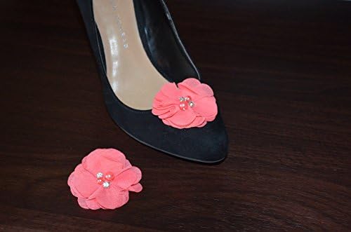 Detachable Chiffon and Rhinestone Flower Shoe Clips Coral Set of 2