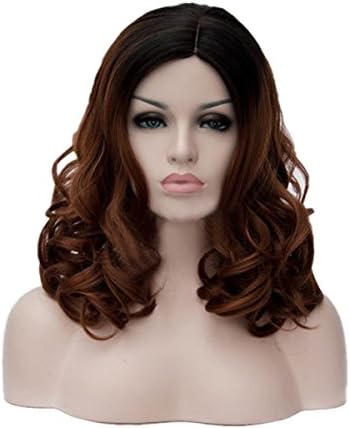 DAYISS Women's Ombre Colored Harajuku Full Wig Medium Long Wavy Curly Daily Hair (Black mix Brown)