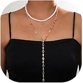 Wedding Bridal Pearl Choker Necklace for Women Layered Metal Cross Pendant Clavicle Chain Colorful Crystal Y Shape Long Tassel Body Chain Jewelry