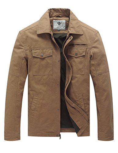 WenVen Men's Flat Collar Military Vintage Coat(Khaki, S)