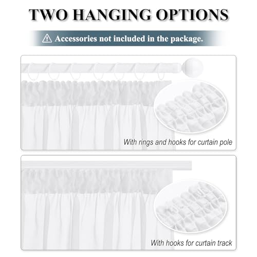 PONY DANCE White Transparent Short Curtains with Ruffle Tape, Set of 2, H 160 x W 140 cm, Living Room Curtains with Ruffle Tape, White Curtains, Linen Look, Transparent