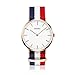 cofuo Men's Nylon Strap Watch Unique Analog Quartz Waterproof Business Casual Big Face Dress Wrist Watch with Blue White Red Striped Canvas Band