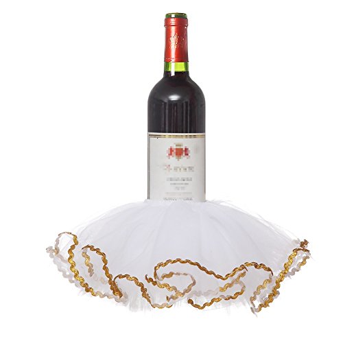 Haperlare 3pcs Elegant Red Wine Bottle Cover Tulle Wine Bottle Skirt with Glitter Gold Brims for Wedding Party Baby Shower Christmas Birthday Cake Dessert Table Decorations,White