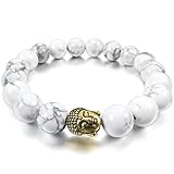 INBLUE Women,Men's 10mm Alloy Energy Bracelet Link Wrist Energy Stone Gold Tone White Simulated Howlite Turquoise Buddha Mala Bead Elastic