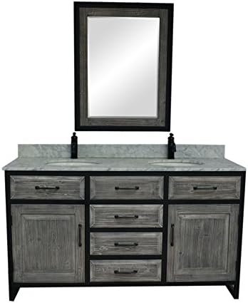 INFURNITURE 60"RUSTIC SOLID FIR DOUBLE SINK IRON FRAME VANITY IN GREY WITH CARRARA WHITE MARBLE TOP-NO FAUCET