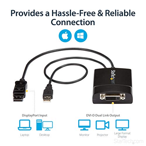 StarTech.com DisplayPort to DVI Adapter  Dual-Link  Active DVI-D Adapter for Your Monitor / Display - USB Powered  2560x1600 (DP2DVID2),Black