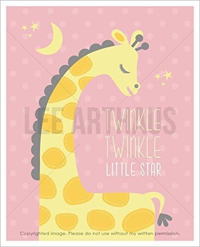 167A"Twinkle Twinkle Little Star" Sleeping Baby Girl Giraffe with Pink Background UNFRAMED Wall Art Print by Lee ArtHaus