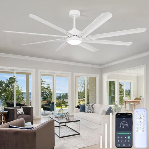 XSXUDODP Ceiling Fans 185 cm with Light, White Outdoor Ceiling Fan with Lighting and Remote Control, 8 Aluminium Blades, 6 Speed, Reversible DC Motor, White