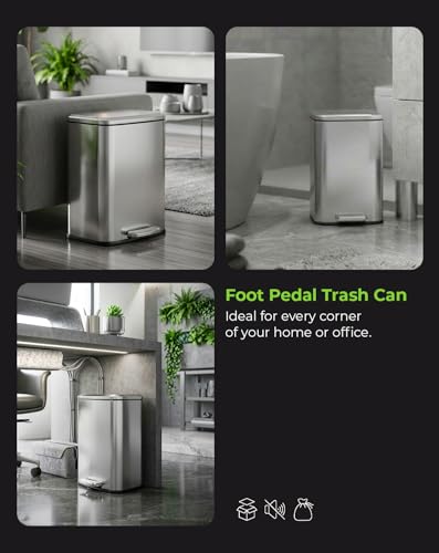 Foot Pedal Trash Can with Soft-Close Lid – Stainless Steel Trash Bin with Removable Inner Bucket, Hands-Free Pedal Garbage Bin for Kitchen, Bathroom, Office & Bedroom - Silver 20L