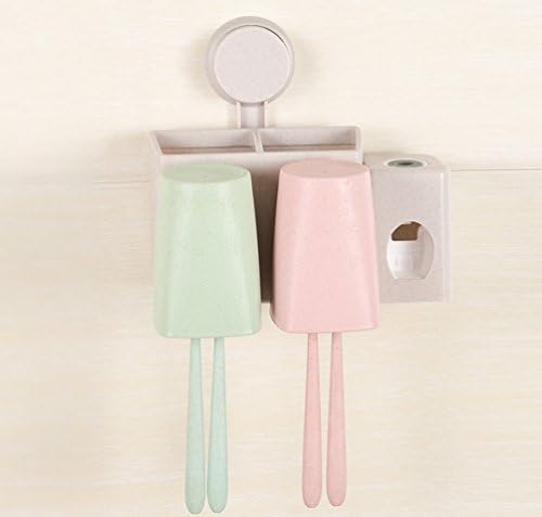 DELISI Wheat Straw Wall Mounted Automatic Toothpaste Dispenser and Toothbrush Holder Bathroom Storage Organizer Set (2 Mugs)