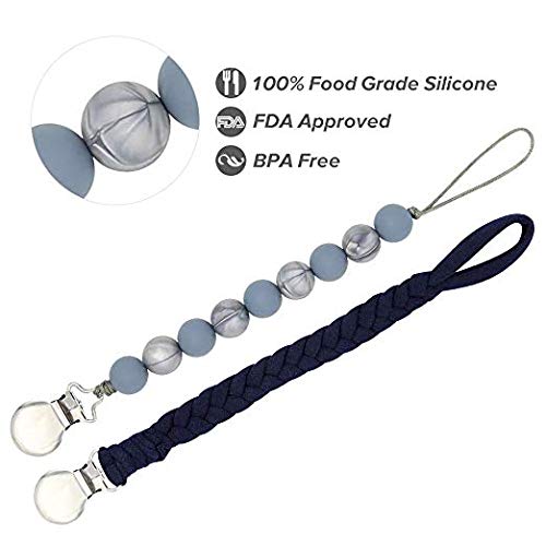 Pacifier Clips, Pack of 4 Hand-Made Braided Pacifier Leash for Boys& Girls, Flexible Baby Teething Ring Holders for All Pacifiers, Teether Toys, Soothie (2 Pack(Dark Gray+ Navy Blue))