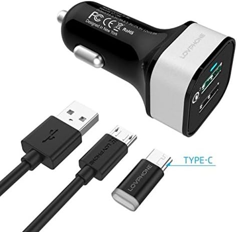 A-clever Dual USB Car Charger Adapter Quick Car Charger 3.0 with USB C to Micro USB Adapter &amp;Micro USB Cable for iPhone X,8,7,7 Plus,iPad,Tablet,Samsung Galaxy Note8,S8,S8 Plus and More-Black