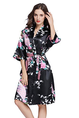 Amzchoice Women's Short Sleeve Kimono Robe Peacock & Blossoms for Spa, Wedding Bridal and Bridesmaid (M, Black)