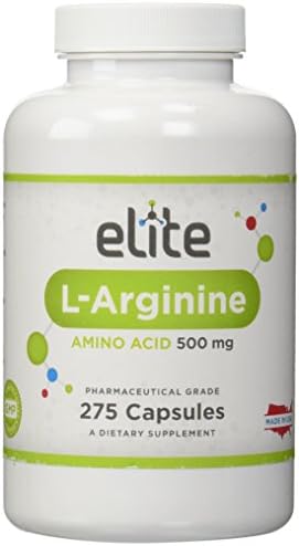 Elite L-Arginine 500mg, 275 Capsules, 1000mg per serving, Essential Amino Acid, Satisfaction Guarantee
