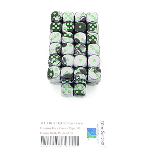 Black and Gray Gemini Dice with Green Pips D6 16mm (5/8in) Bulk Pack of 50 Wondertrail