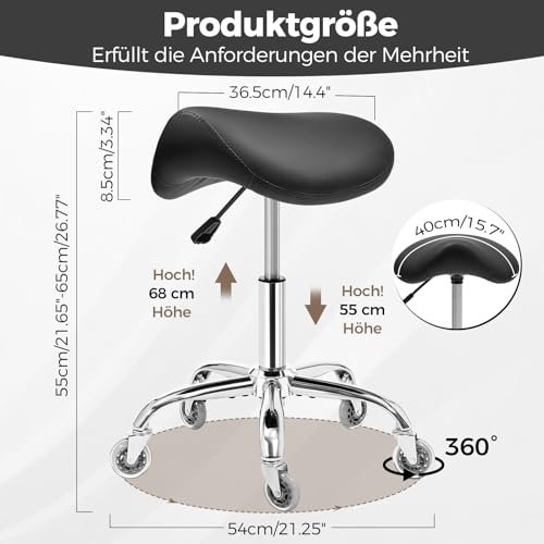 BEWISHOME Saddle Stool Height Adjustable, Saddle Stool with Wheels, 360° Swivel Stool, Roller Stool, Ergonomic Stool, Load Capacity 200 kg for Beauty Salons, Spas Salons and Clinics (Black)