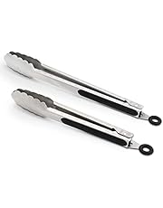 304 Stainless Steel Kitchen Cooking Tongs, 9" and 12" Set of 2 Sturdy Grilling Barbeque Brushed Locking Food Tongs with Ergonomic Grip, Black