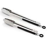 ALLWIN-HOUSEWARE W 9-Inch & 12-Inch 304 Stainless Steel Kitchen Tongs, Set of 2 Sturdy Non-Stick Grilling Barbeque Cooking Brushed Steel Locking Food Tongs with Ergonomic Grip, Black