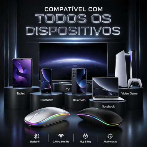Mouse Bluetooth Recarregável sem Fio Dupla Conexão, e USB, Wireless Mouse compatível com iPhone, MacBook,iPad,Laptop,PC,Notebook, Tablet,Ergonômico, Premium Yecna (Preto)