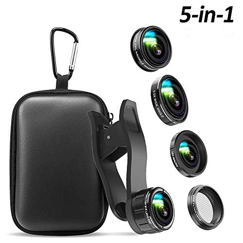 Phone Camera Lens, 5 in 1 Cell Phone Camera Lens 0.5x Wide Angle Lens+15x Macro Lenses +230° Fisheye Lens +CPL +Star Lens Compatible for iPhone x 8 7 6 6s plus Samsung Huawei Android Smartphone