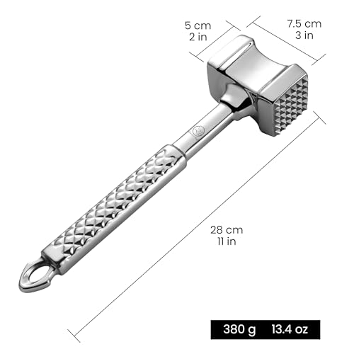Stainless Steel Meat Tenderizer Tool, Premium Meat Mallet with Non-Slip Grip, Dual-sided Kitchen Mallet Ideal for Tenderizing Steak, Poultry & Chicken Cutlet, Dishwasher Safe with Lifetime Replacement