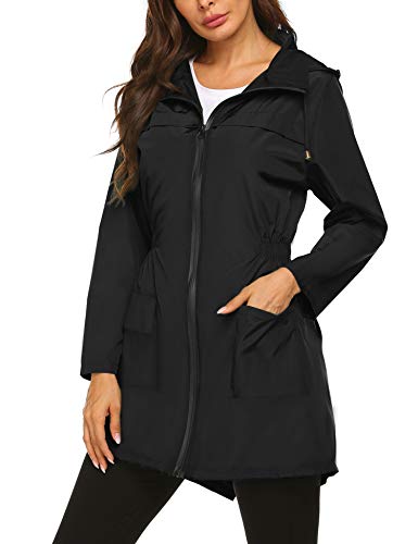 Besshopie Women Raincoat with Hood Waterproof Lightweight Quick Dry Rain Jackets Black