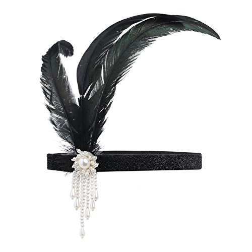 BABEYOND Women's Roaring 20s Feather Headband 1920s Headpiece Hair Band Beaded Headband (White)