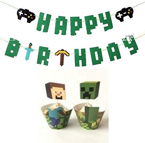 Minecraft Pixel Miner Party Supplies Pack- Includes 1 Happy Birthday Gaming Banner and 12 Cupcake Picks and Wrappers (25 Pieces)