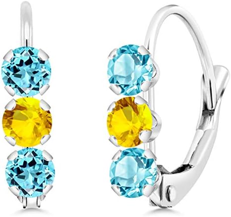 Gem Stone King 0 87 Ct Round Swiss Blue Topaz Yellow Sapphire 14k White Gold Earrings Clothing Shoes Jewelry