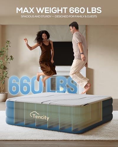 Tencity Queen Air Mattress with Built-in Pump, 20” Luxury Blow Up Mattress with 3cm Quilted Foam Topper, Extra Firm Support, Quiet Inflatable Bed for Guests, Home & Temporary Sleep, 660 lbs