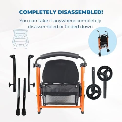 , Andador Plegable, Ligero, Nerón, con Asiento y Respaldo, 2 ruedas, Conteras Antideslizantes, Máx. 100 Kg, Cesta, Acero, Naranja