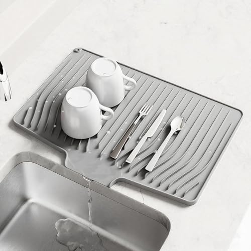 Premium Silicone Dish Drainer with Inclined Design - Non-Slip, Heat Resistant (446°F), Quick Drying Dish Drainer for Kitchen Countertop, Sink (Grey, 37*29.5cm)