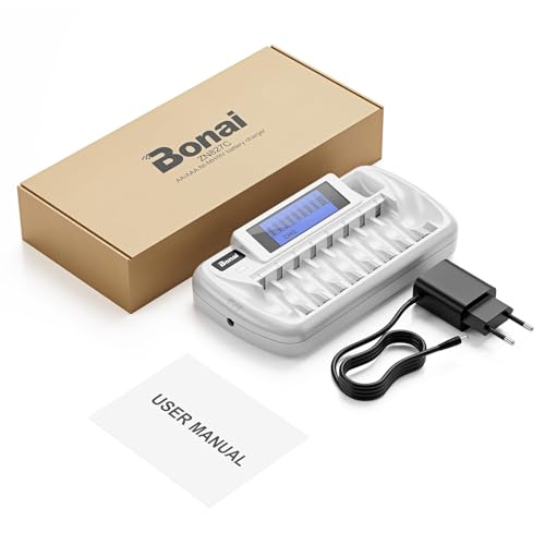 BONAI 8+1 Slots LCD Battery Charger, Universal AA/AAA/9V Ni-MH, Smart LCD Display, Independent Charging, Built-in Discharge Function