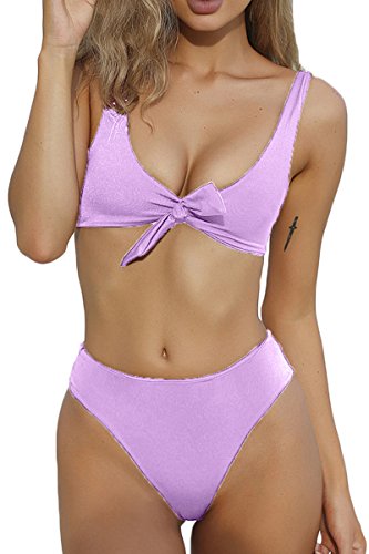 ESONLAR Women Tie Knot Front High Waist Bandage 2PCS Tankini Swimsuit Violet Purple L