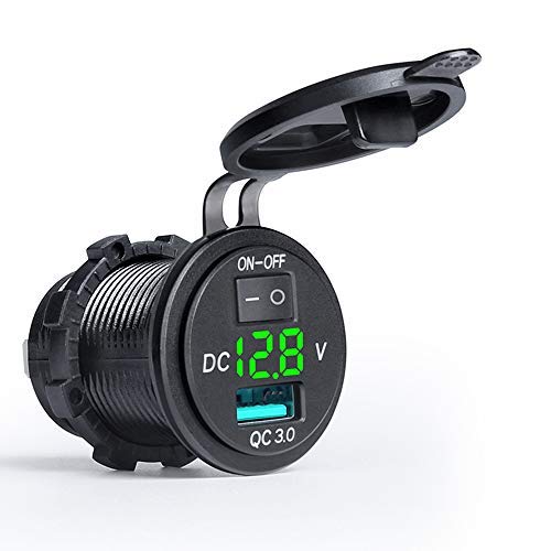 QC 3.0 Car Charger Installation Socket Quick Charge 3.0 USB Socket Car 12V/24V Quick Charge with LED Voltmeter and Switch Waterproof and Dustproof for Motorcycle Boat Truck Caravan ATV Green