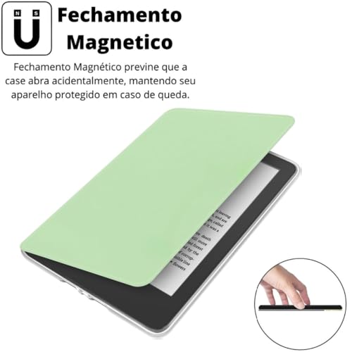 Capa Para Kindle 11ª Geração 2024 e 2022 (C2V2L3 e RS23CV) - Sistema de Hibernação - Fechamento Magnético - Traseira Transparente (Verde Água)