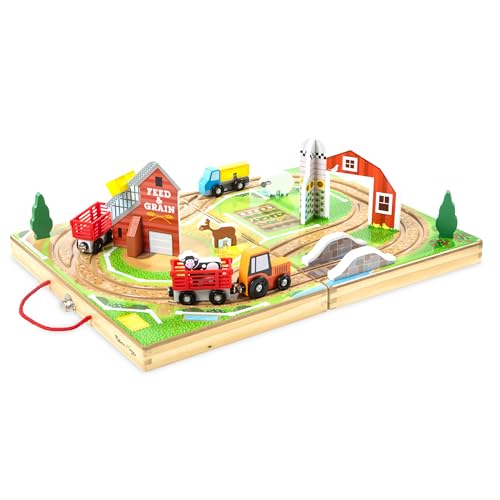 Melissa & Doug 17-Piece Wooden Take-Along Tabletop Farm, 4 Farm Vehicles, Play Pieces, Barn, Grain House Take-Along Pretend Play Toy Barn Toys for Toddlers Ages 1+