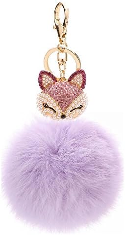 WongSinTong Novelty Pearl Fox Head with Rabbit Fur Ball Charm Key Chain for Car Key Ring or Bag (Light Purple)
