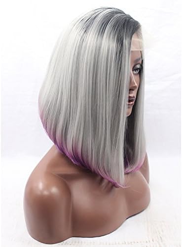 V'Nice Short Bob Synthetic Lace Front Hair Wigs for Women Three Tone Black to Grey to Lavender Silky Straight Synthetic Fiber Wig (14 inches)