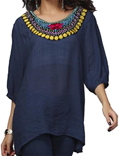Ksweet Boho Blouses Embroidery Women's Tunic Length Shirts Tunics 3/4 Sleeve Tops (One Size, Navyblue-flowerone)