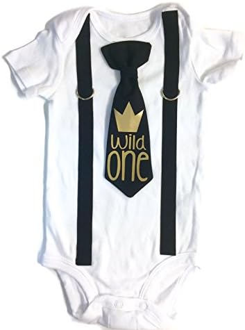 Baby Boy 1st Birthday Outfit Cake Smash Bodysuit with Tie and Suspenders Birthday Shirt (24 month, Wild One)