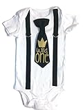 Cuddle Sleep Dream Baby Boy 1st Birthday Outfit Cake Smash Bodysuit with Tie and Suspenders Birthday Shirt (18 Month, Wild One)