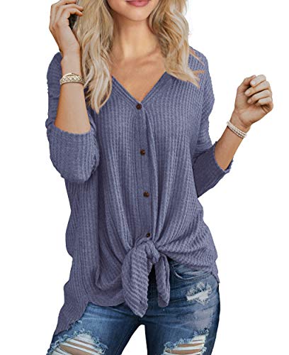 IWOLLENCE Womens Loose Henley Blouse Bat Wing Long Sleeve Button Down T Shirts Tie Front Knot Tops Purple Gray M