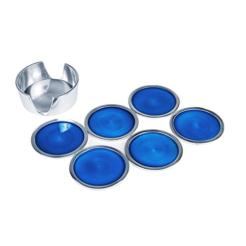 Kosma set of 6 recycled aluminium coasters with holder in a Teal colour enamel finish - 9cm x 9 cm x 3cm