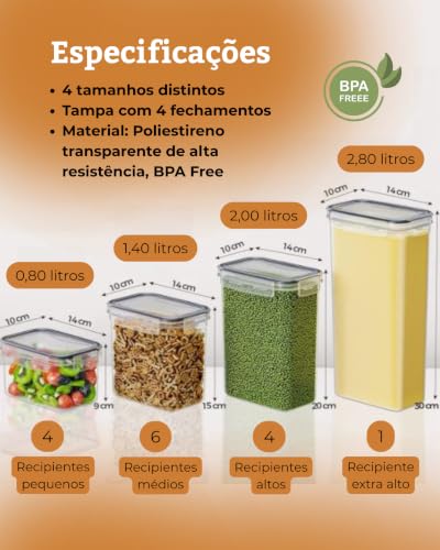 Kit com 15 Potes Herméticos para Mantimentos – Tampa Vedada, Porta Alimentos e Organizadores de Cozinha
