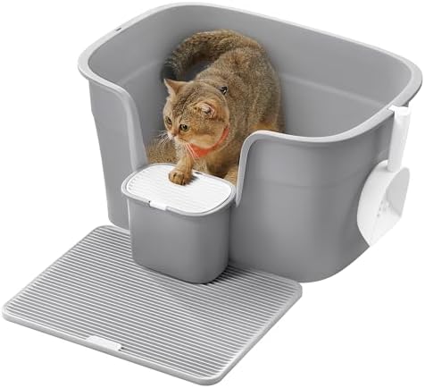Bac à Litière pour Foyers Multi-Chats, Litière Extra Large avec Paroi Latérale, avec Un Tapis de Litière, Boîte de Rangement, Pelle, pour Grand Chat, Gris Tourterelle PPT003G01