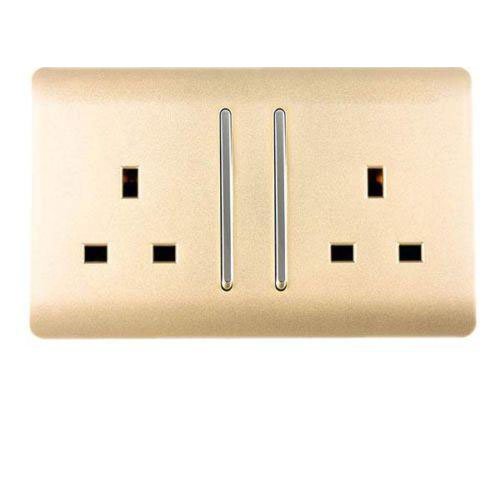 Trendi 2 Gang Raised Artistic Modern Glossy Screwless 13 Amp Single Pole with Chrome Switched UK Standard Electrical Double Wall Plug Socket in Champagne Gold (Pack of 5) - ART-SKT213LGO-P5